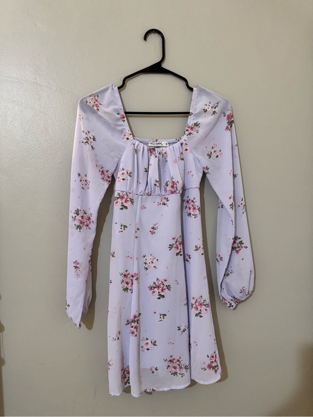 Floral Square-Neck Long Sleeve Dress in Light Lavender